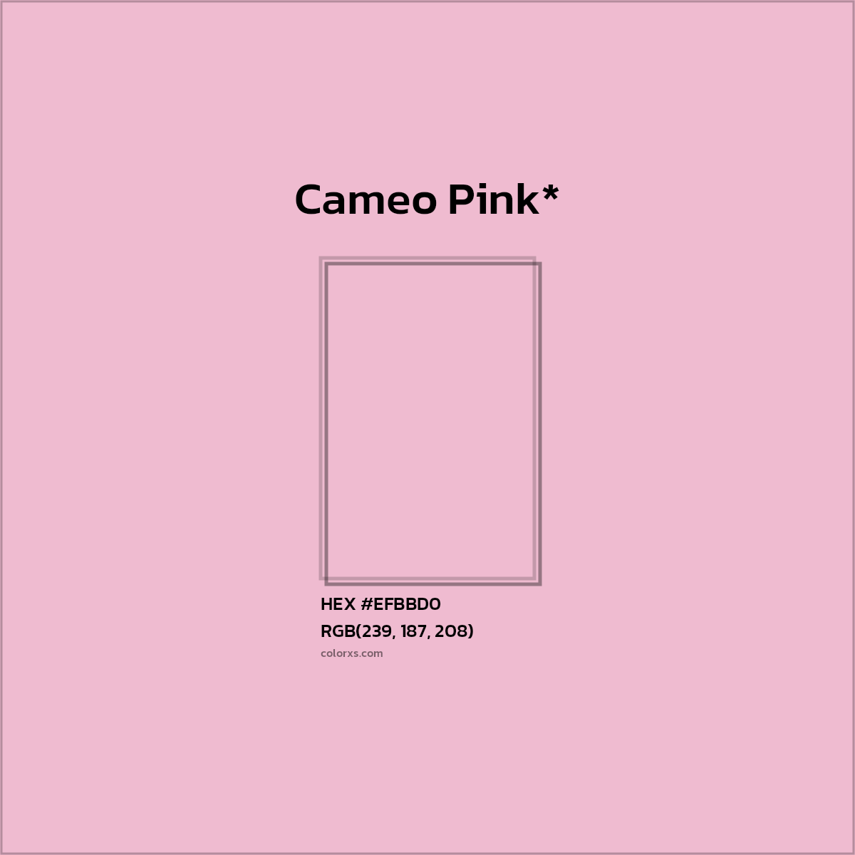 #EFBBD0 hex color. RGB, RYB, CMYK, HSL, HSV codes and color conversions. Matching color names, palettes, paints.