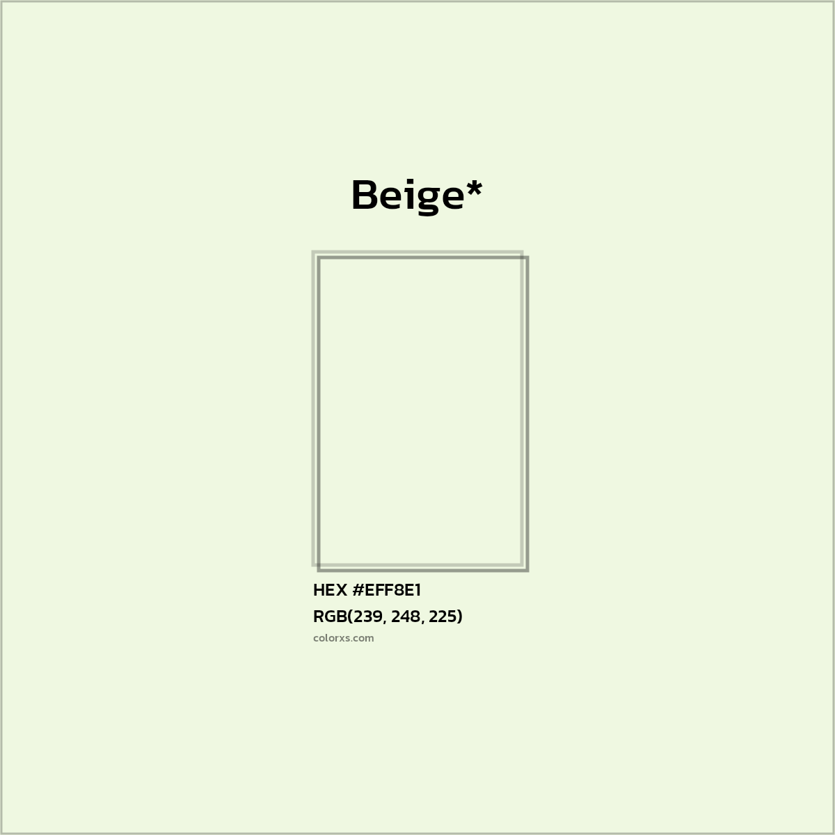 #EFF8E1 hex color. RGB, RYB, CMYK, HSL, HSV codes and color conversions. Matching color names, palettes, paints.