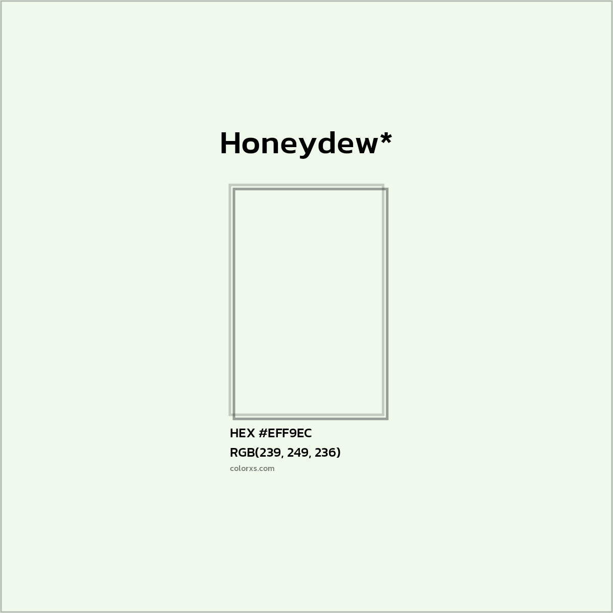 #EFF9EC hex color. RGB, RYB, CMYK, HSL, HSV codes and color conversions. Matching color names, palettes, paints.