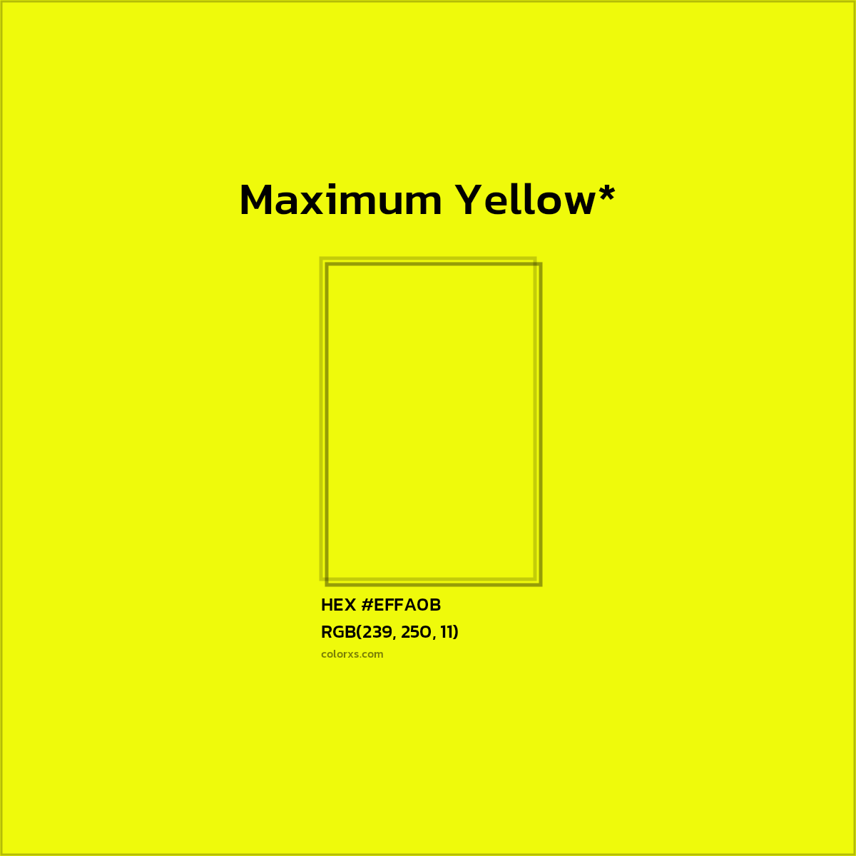 #EFFA0B hex color. RGB, RYB, CMYK, HSL, HSV codes and color conversions. Matching color names, palettes, paints.