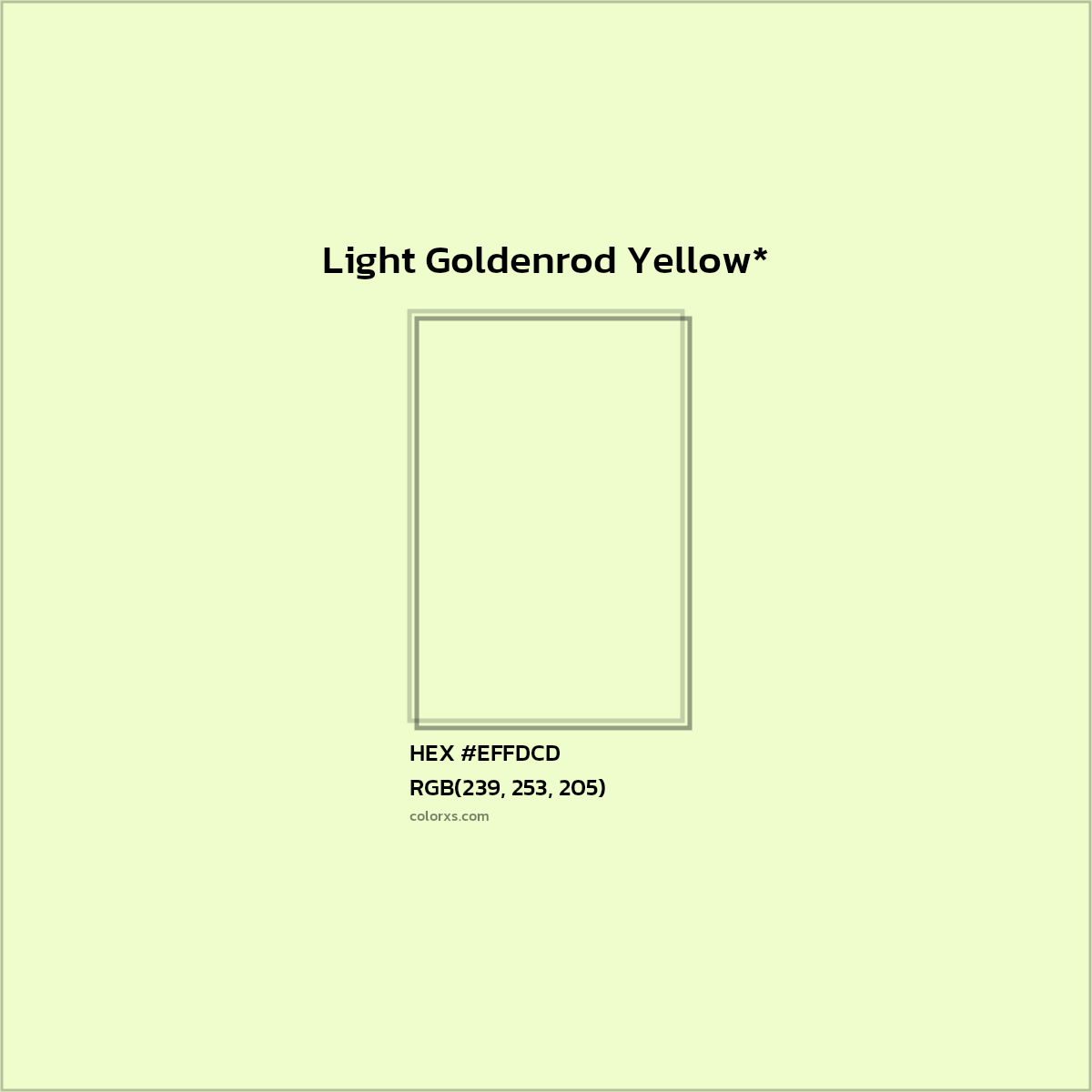#EFFDCD hex color. RGB, RYB, CMYK, HSL, HSV codes and color conversions. Matching color names, palettes, paints.
