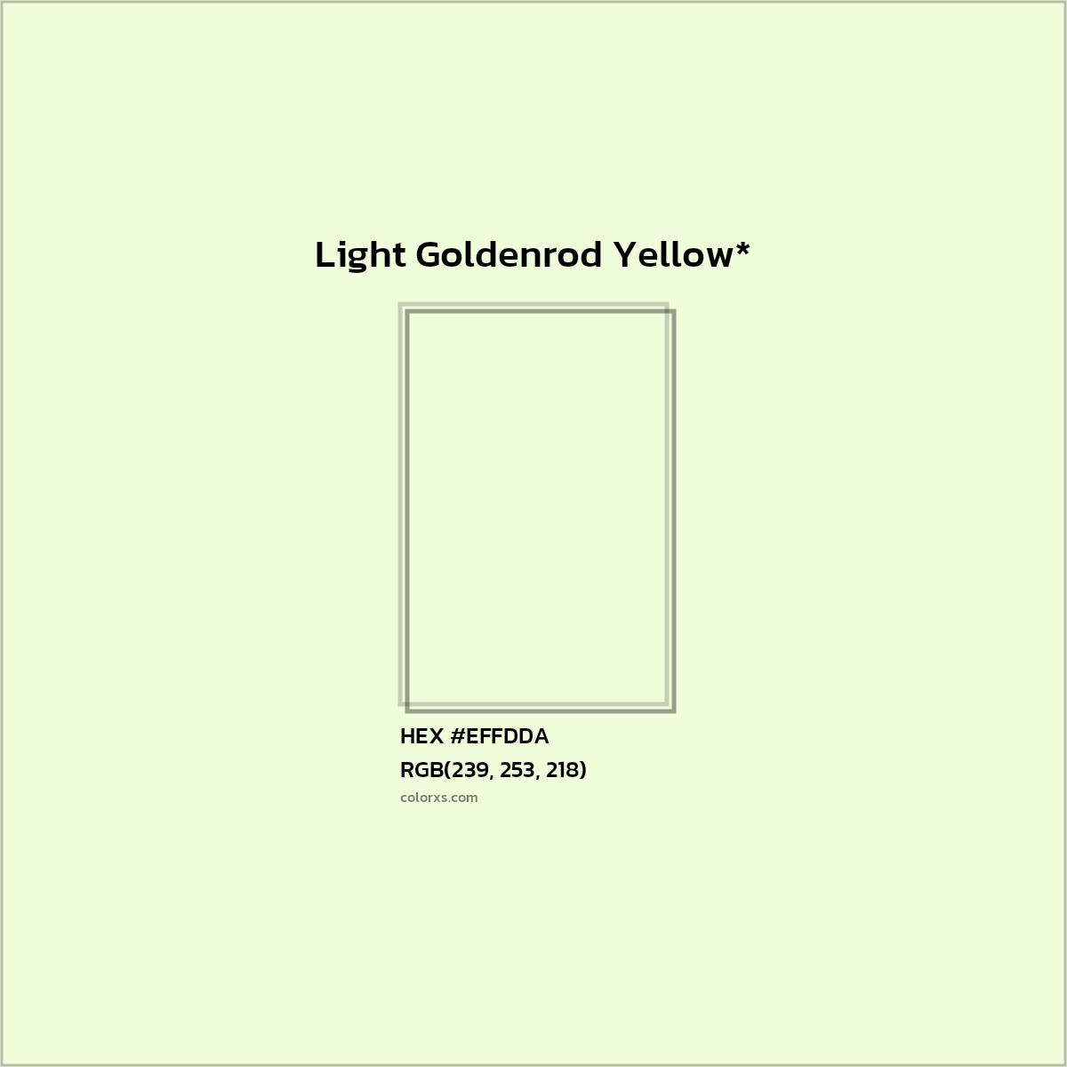 #EFFDDA hex color. RGB, RYB, CMYK, HSL, HSV codes and color conversions. Matching color names, palettes, paints.