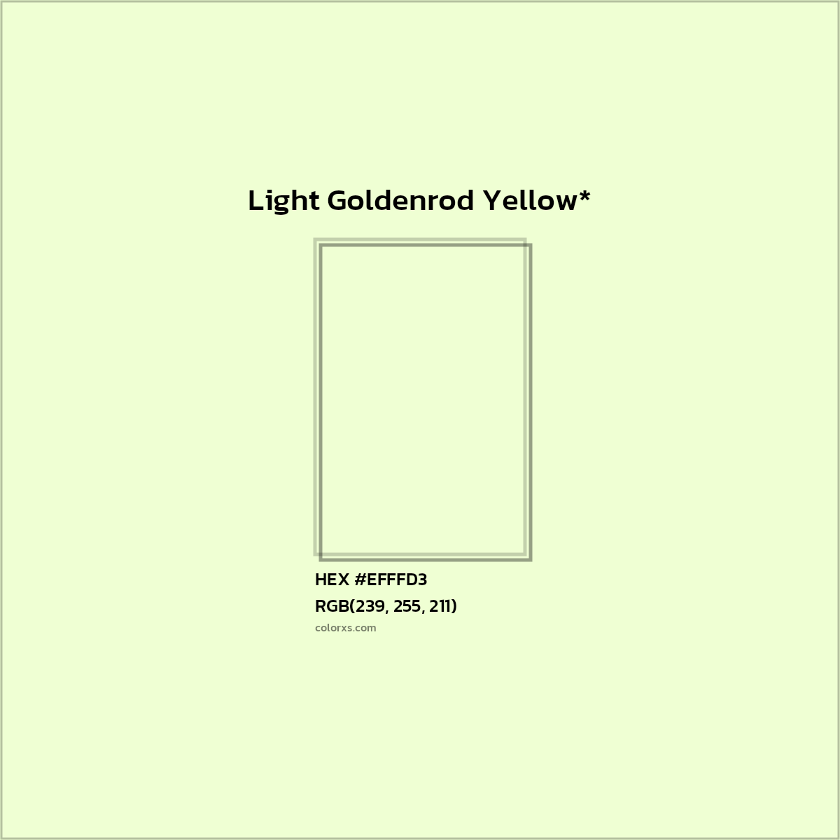 #EFFFD3 hex color. RGB, RYB, CMYK, HSL, HSV codes and color conversions. Matching color names, palettes, paints.