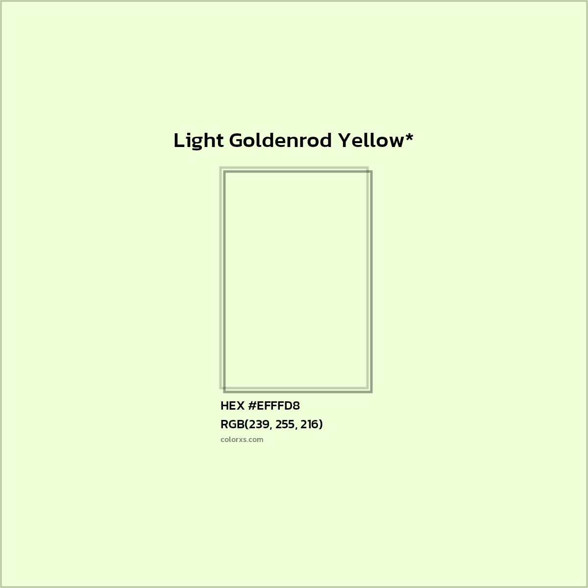 #EFFFD8 hex color. RGB, RYB, CMYK, HSL, HSV codes and color conversions. Matching color names, palettes, paints.
