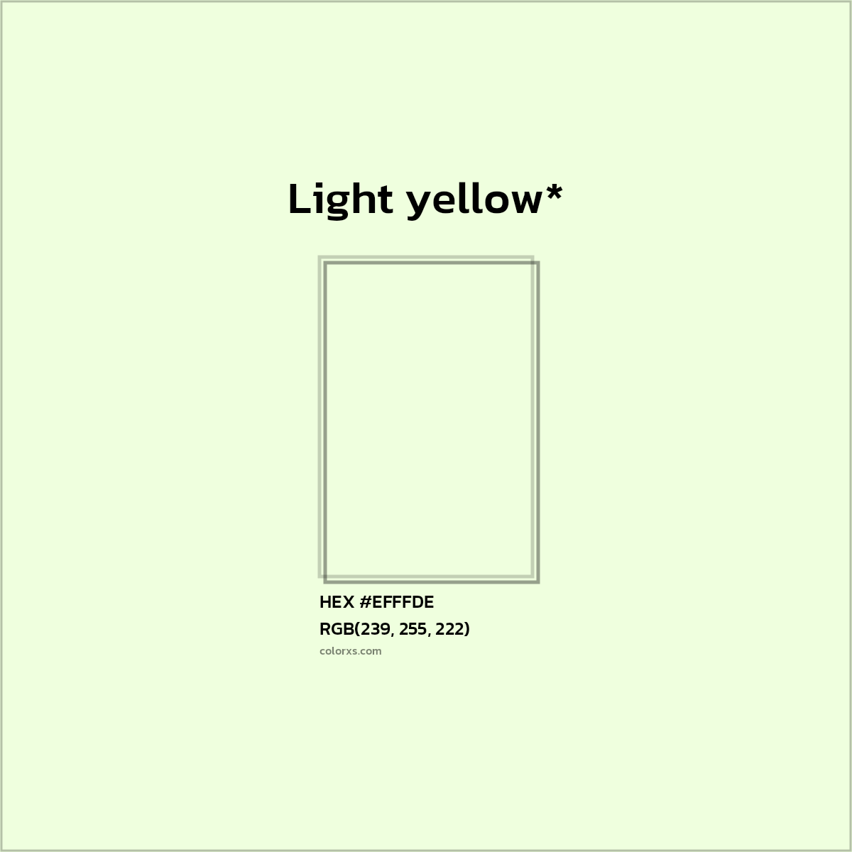#EFFFDE hex color. RGB, RYB, CMYK, HSL, HSV codes and color conversions. Matching color names, palettes, paints.