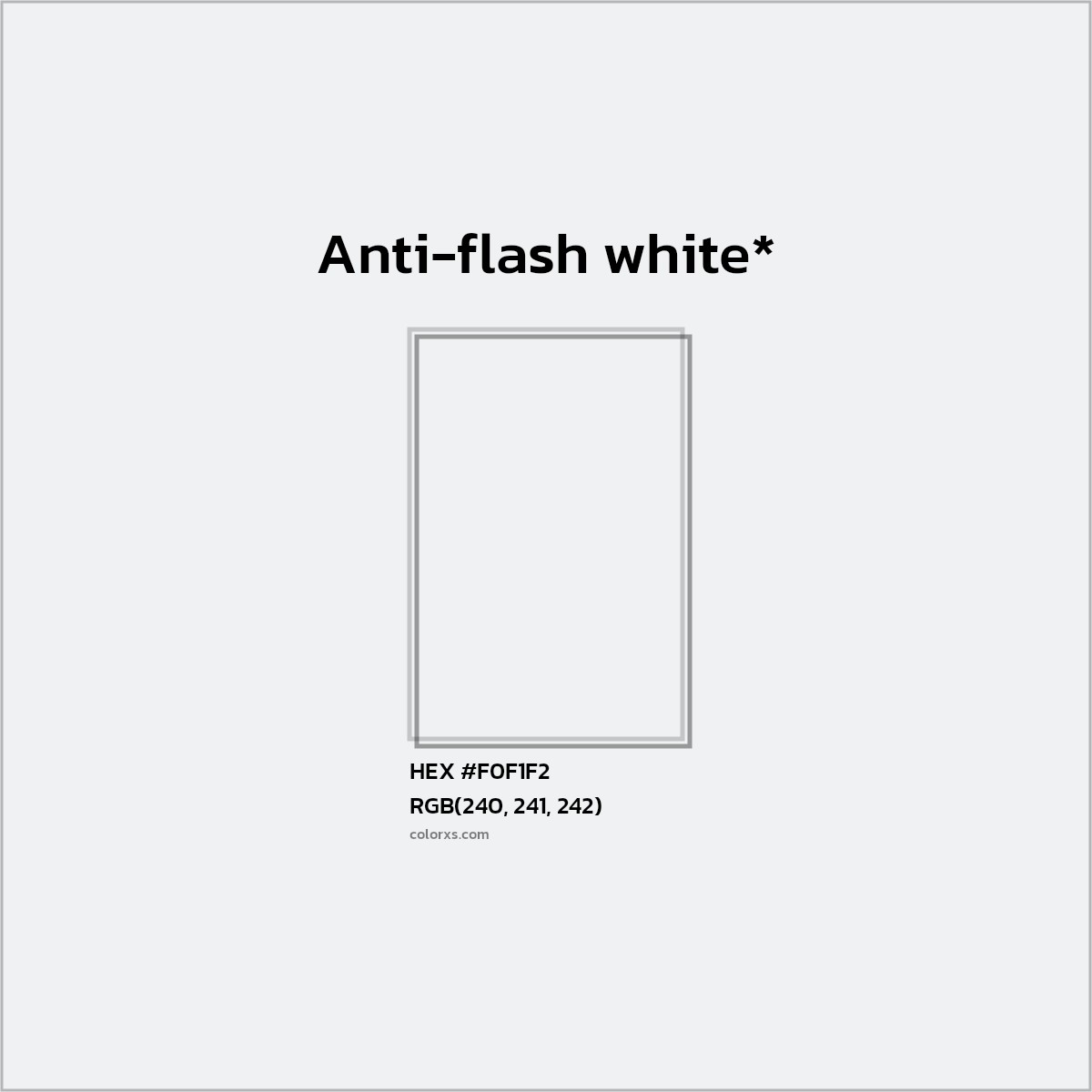 #F0F1F2 hex color. RGB, RYB, CMYK, HSL, HSV codes and color conversions. Matching color names, palettes, paints.