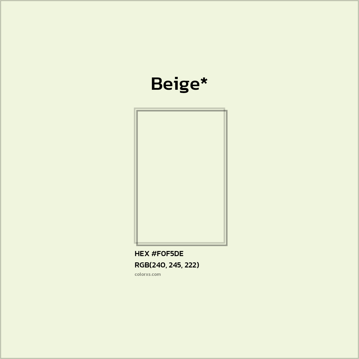 #F0F5DE hex color. RGB, RYB, CMYK, HSL, HSV codes and color conversions. Matching color names, palettes, paints.