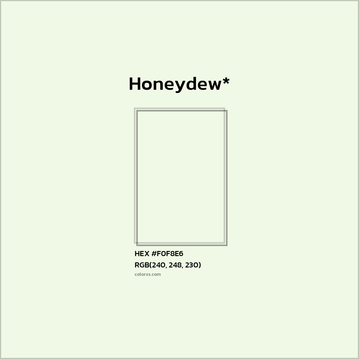 #F0F8E6 hex color. RGB, RYB, CMYK, HSL, HSV codes and color conversions. Matching color names, palettes, paints.
