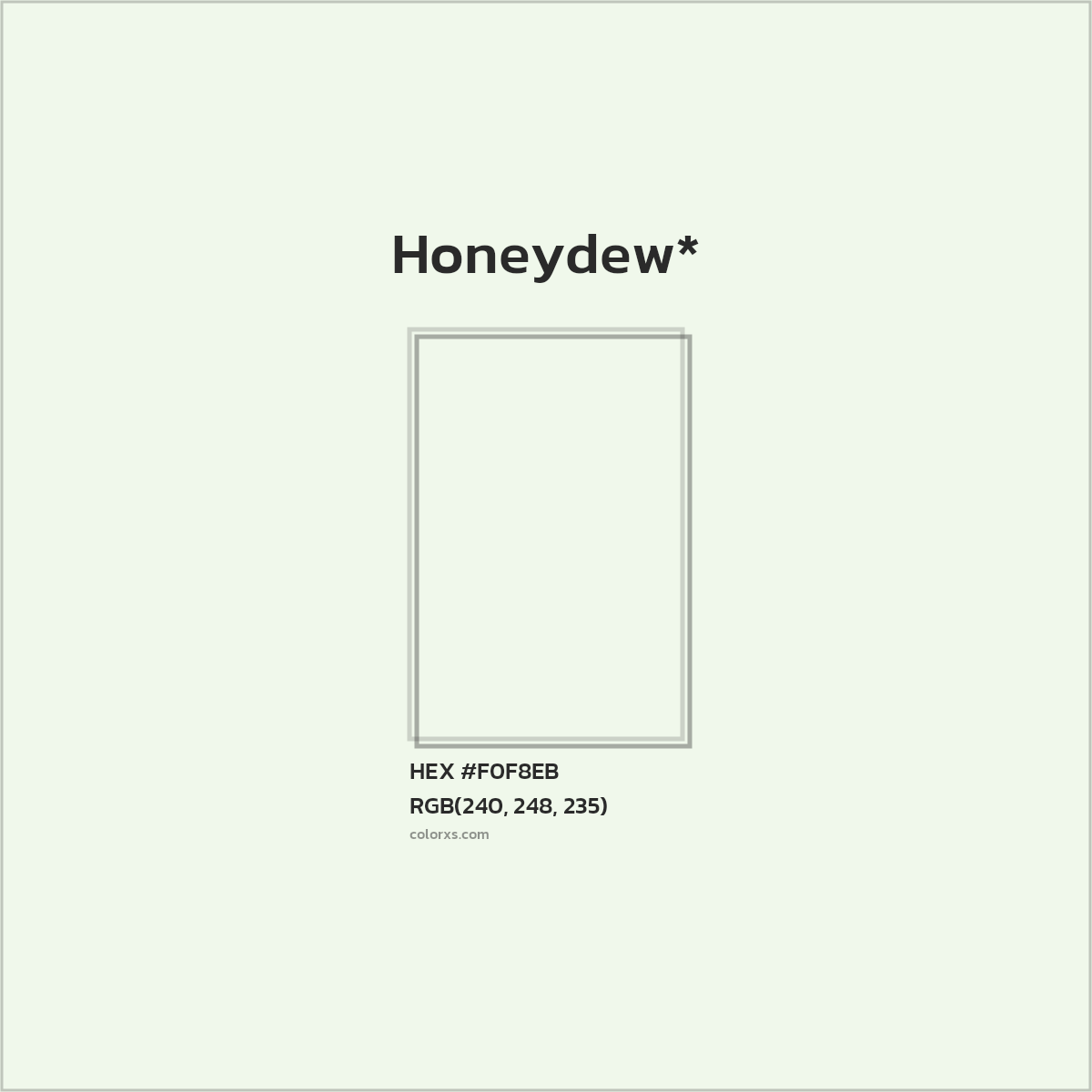 #F0F8EB hex color. RGB, RYB, CMYK, HSL, HSV codes and color conversions. Matching color names, palettes, paints.