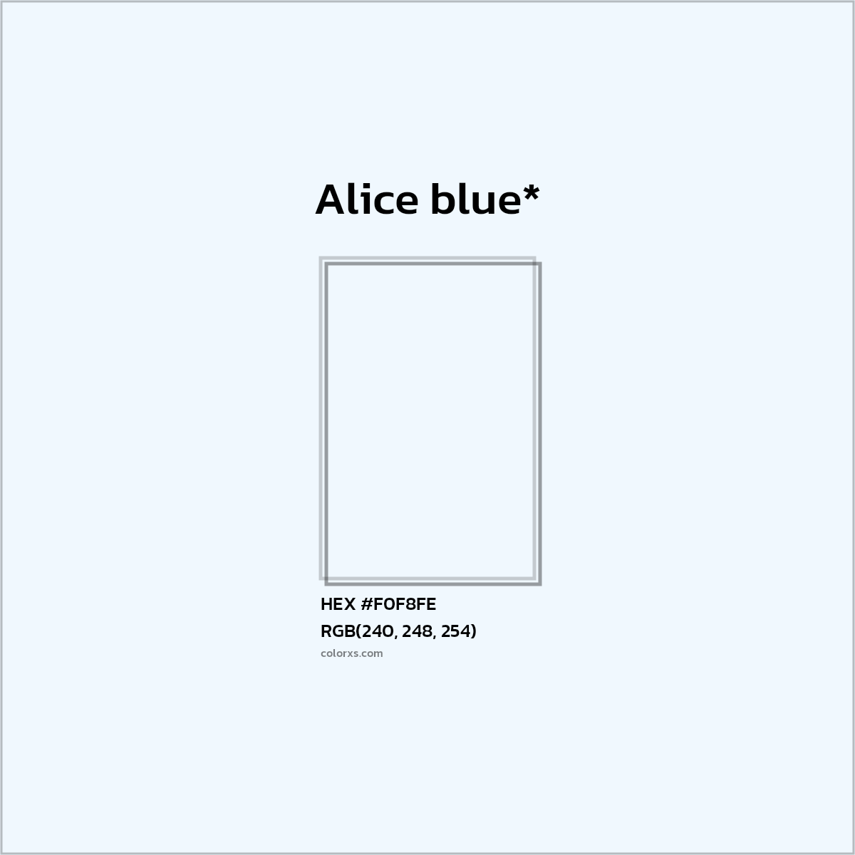 #F0F8FE hex color. RGB, RYB, CMYK, HSL, HSV codes and color conversions. Matching color names, palettes, paints.