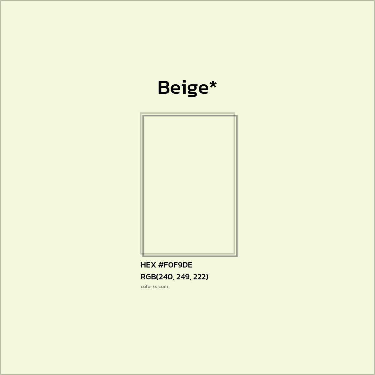 #F0F9DE hex color. RGB, RYB, CMYK, HSL, HSV codes and color conversions. Matching color names, palettes, paints.