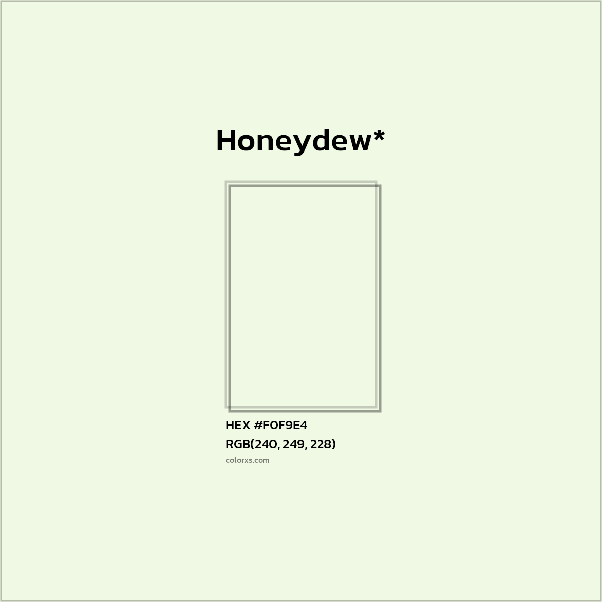 #F0F9E4 hex color. RGB, RYB, CMYK, HSL, HSV codes and color conversions. Matching color names, palettes, paints.