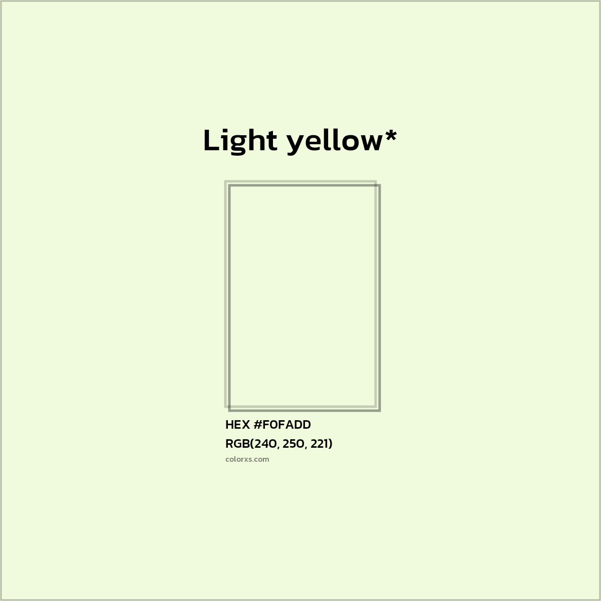 #F0FADD hex color. RGB, RYB, CMYK, HSL, HSV codes and color conversions. Matching color names, palettes, paints.