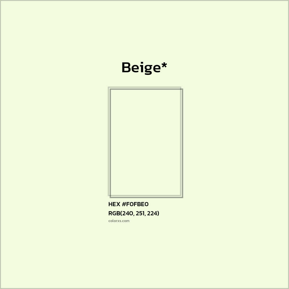 #F0FBE0 hex color. RGB, RYB, CMYK, HSL, HSV codes and color conversions. Matching color names, palettes, paints.