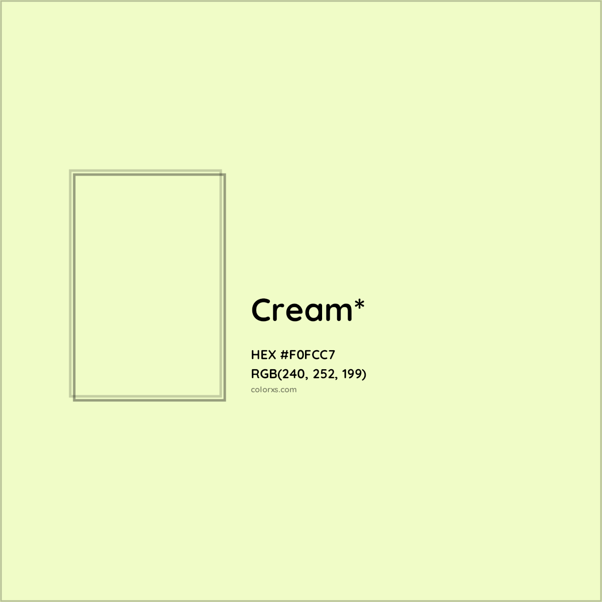 #F0FCC7 hex color. RGB, RYB, CMYK, HSL, HSV codes and color conversions. Matching color names, palettes, paints.