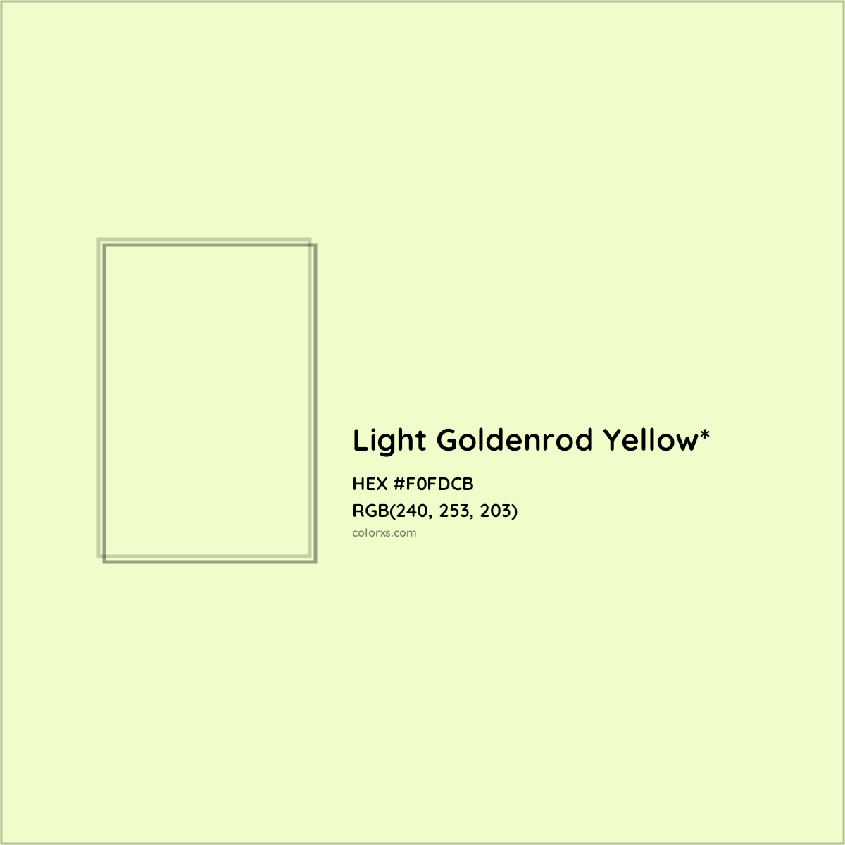 #F0FDCB hex color. RGB, RYB, CMYK, HSL, HSV codes and color conversions. Matching color names, palettes, paints.