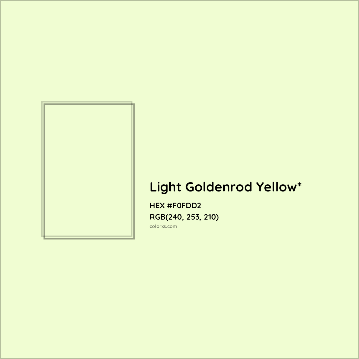 #F0FDD2 hex color. RGB, RYB, CMYK, HSL, HSV codes and color conversions. Matching color names, palettes, paints.
