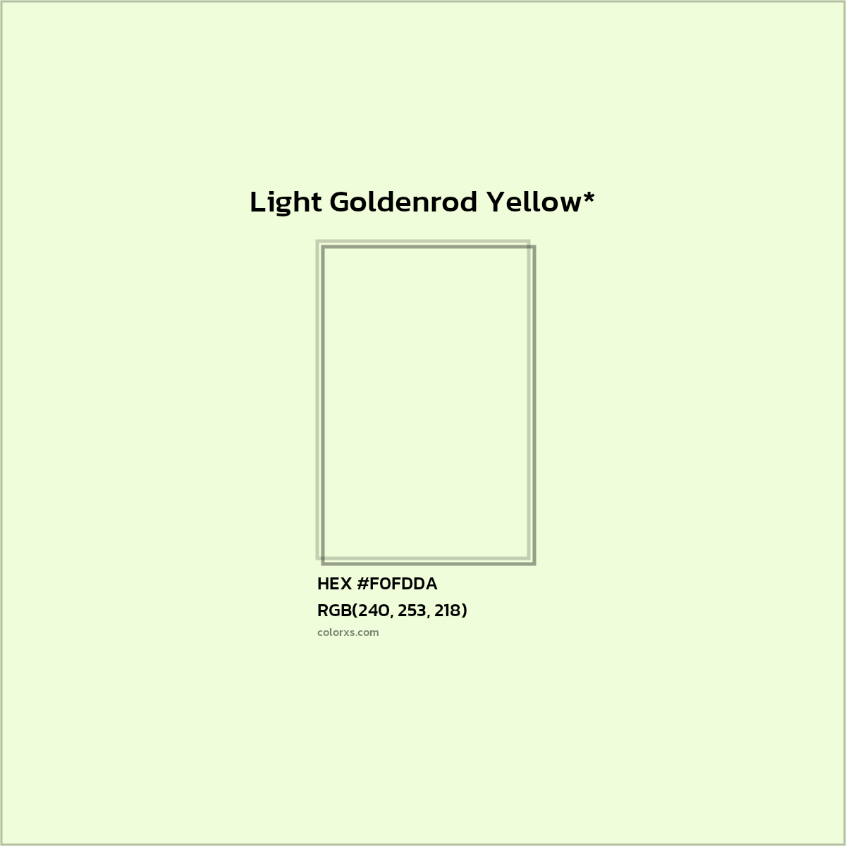 #F0FDDA hex color. RGB, RYB, CMYK, HSL, HSV codes and color conversions. Matching color names, palettes, paints.