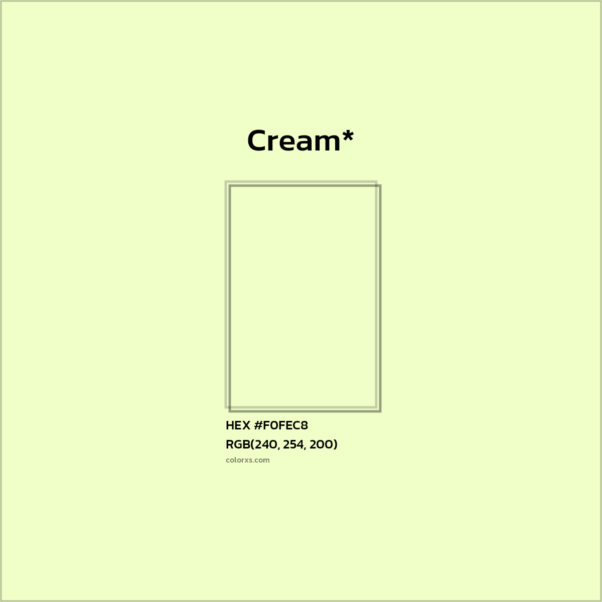 #F0FEC8 hex color. RGB, RYB, CMYK, HSL, HSV codes and color conversions. Matching color names, palettes, paints.