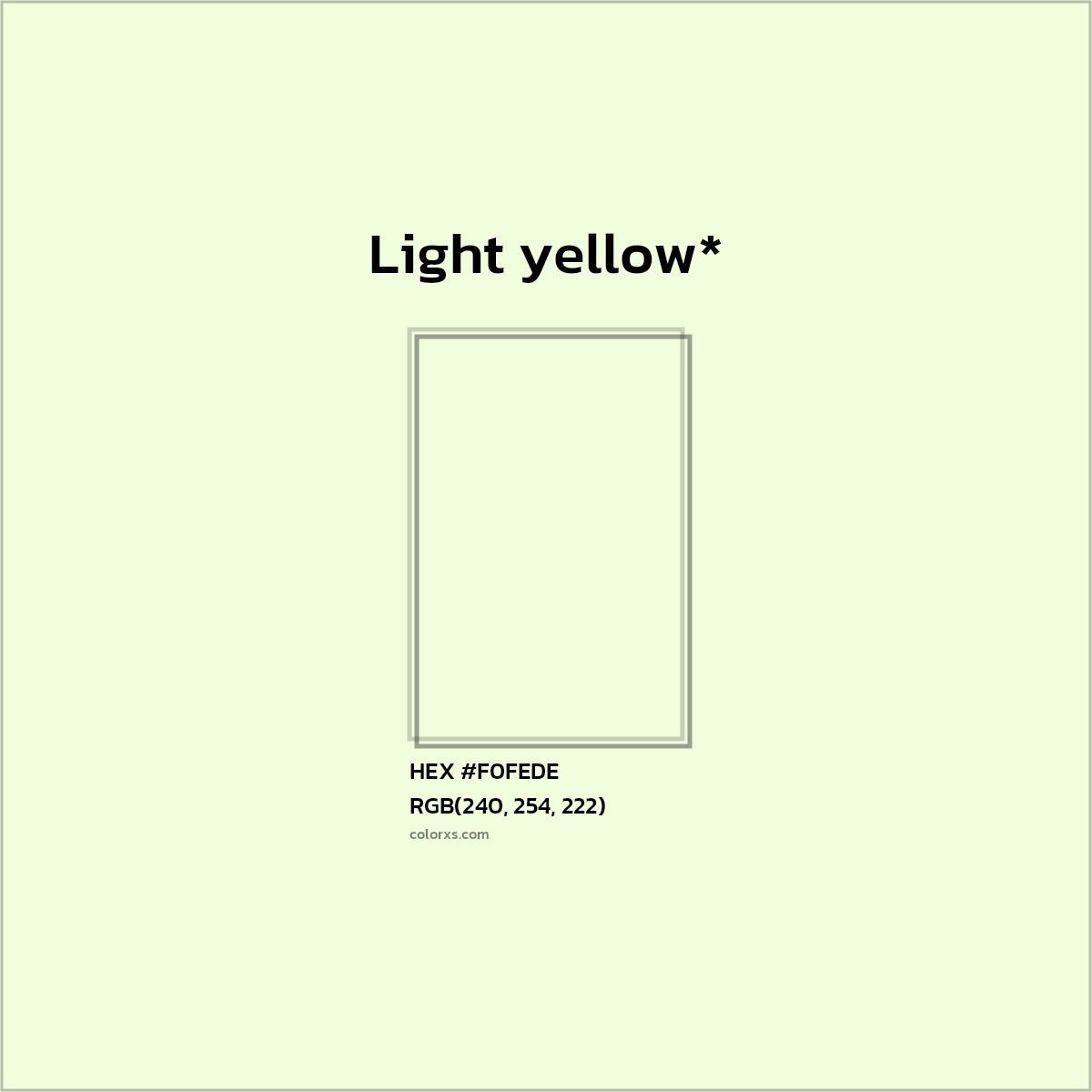 #F0FEDE hex color. RGB, RYB, CMYK, HSL, HSV codes and color conversions. Matching color names, palettes, paints.