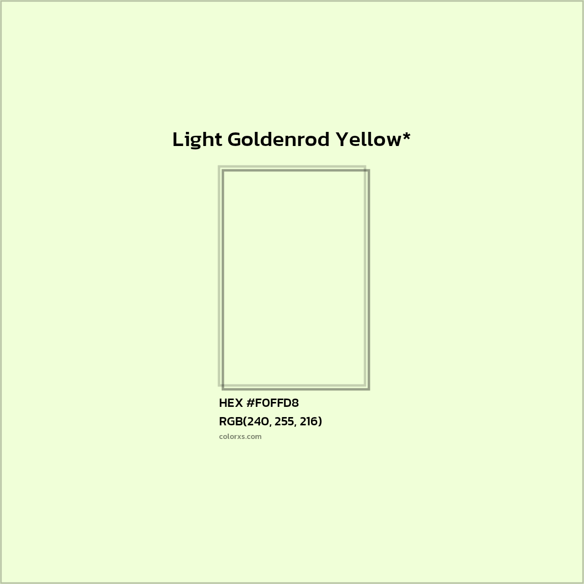 #F0FFD8 hex color. RGB, RYB, CMYK, HSL, HSV codes and color conversions. Matching color names, palettes, paints.