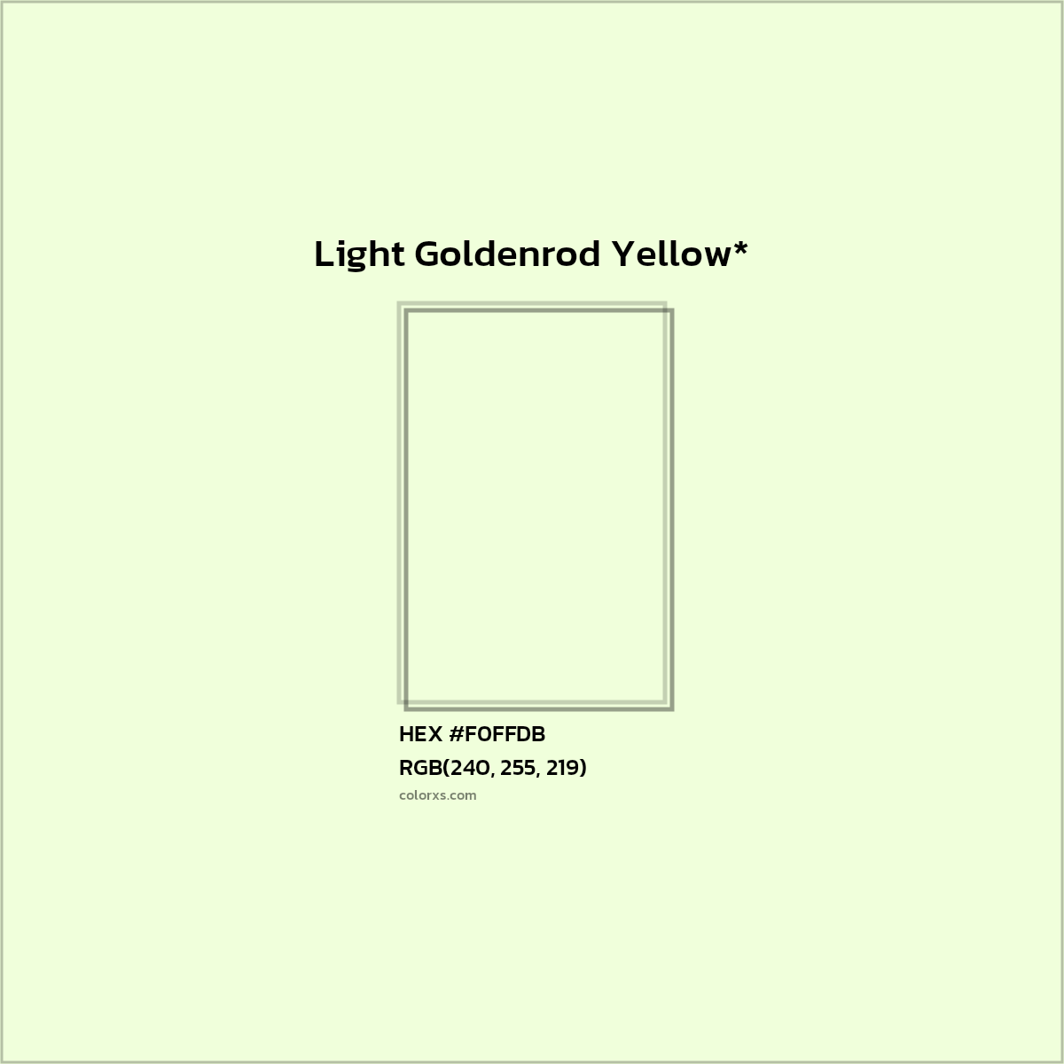 #F0FFDB hex color. RGB, RYB, CMYK, HSL, HSV codes and color conversions. Matching color names, palettes, paints.