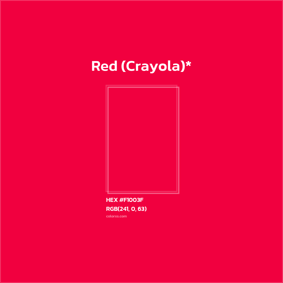 #F1003F hex color. RGB, RYB, CMYK, HSL, HSV codes and color conversions. Matching color names, palettes, paints.