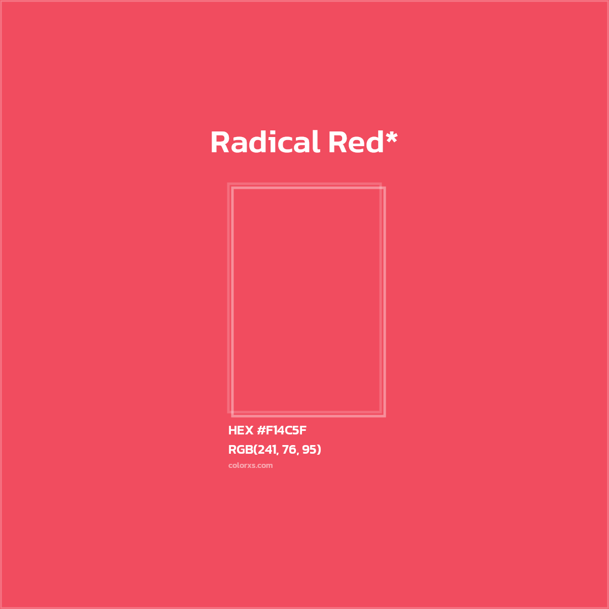 #F14C5F hex color. RGB, RYB, CMYK, HSL, HSV codes and color conversions. Matching color names, palettes, paints.