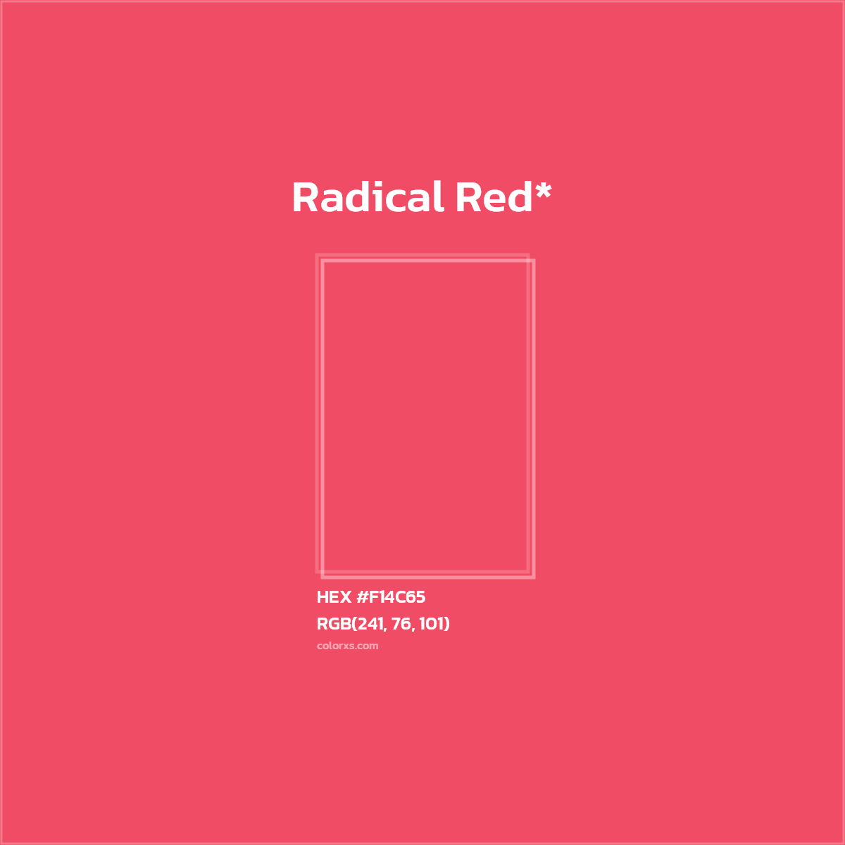 #F14C65 hex color. RGB, RYB, CMYK, HSL, HSV codes and color conversions. Matching color names, palettes, paints.