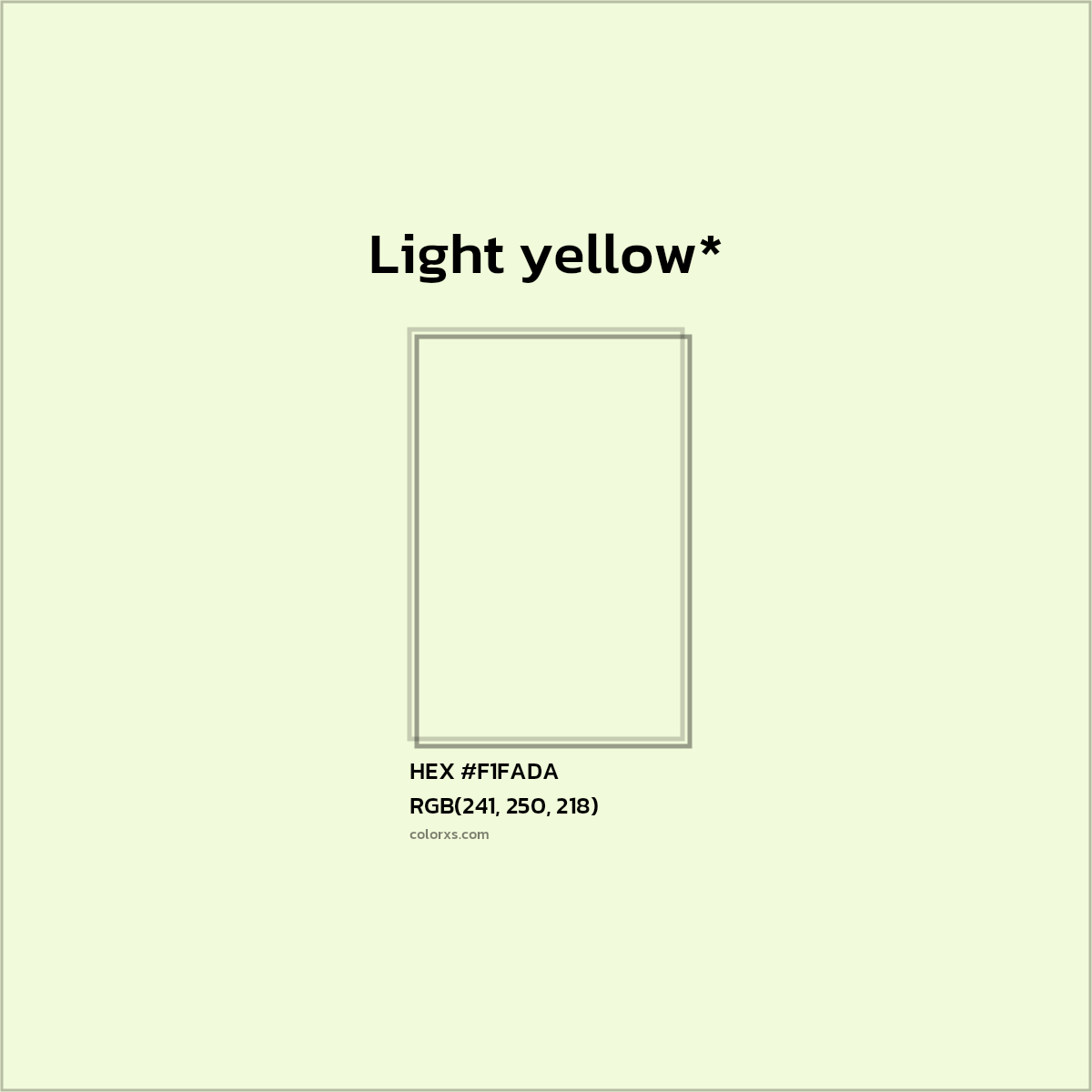 #F1FADA hex color. RGB, RYB, CMYK, HSL, HSV codes and color conversions. Matching color names, palettes, paints.