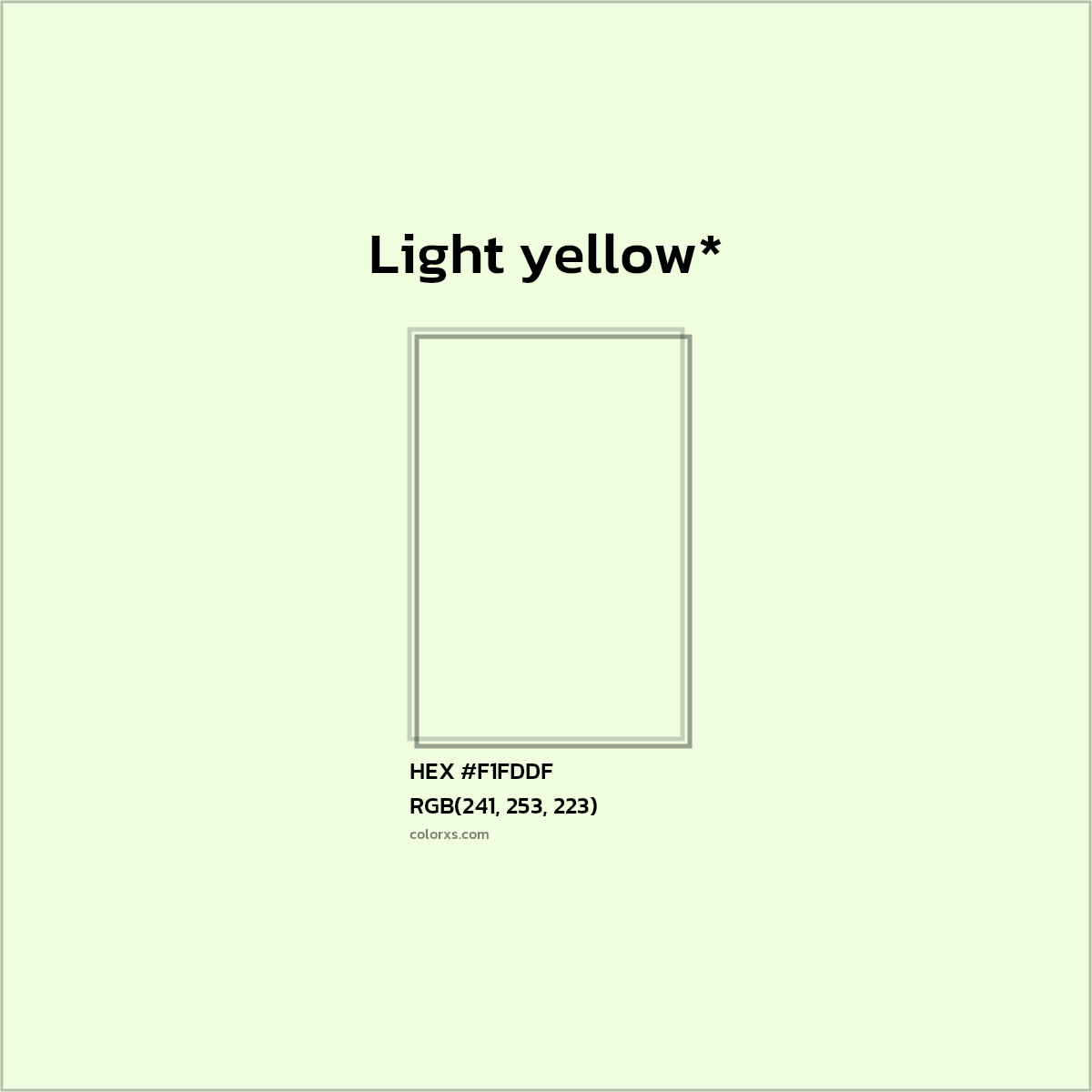 #F1FDDF hex color. RGB, RYB, CMYK, HSL, HSV codes and color conversions. Matching color names, palettes, paints.