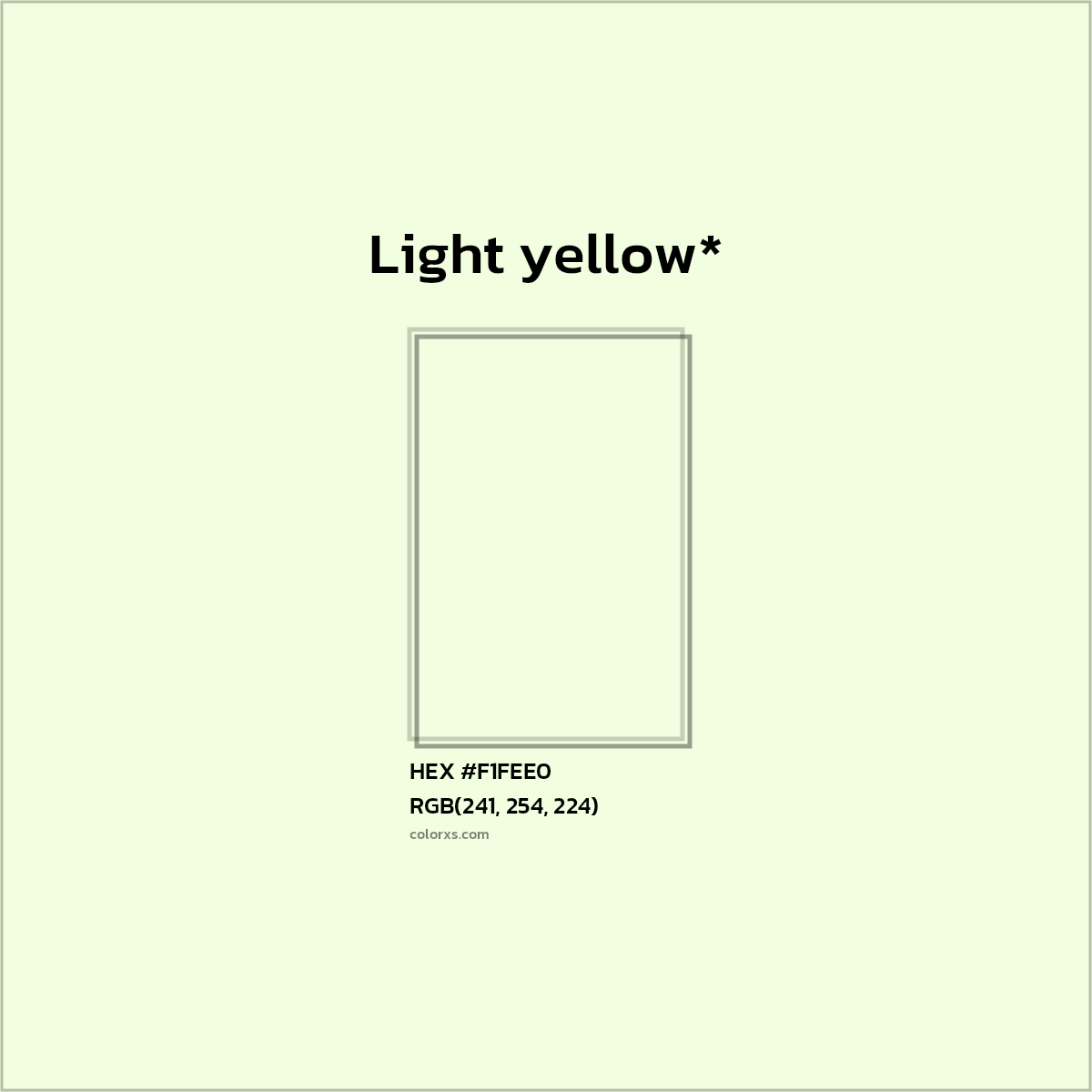 #F1FEE0 hex color. RGB, RYB, CMYK, HSL, HSV codes and color conversions. Matching color names, palettes, paints.