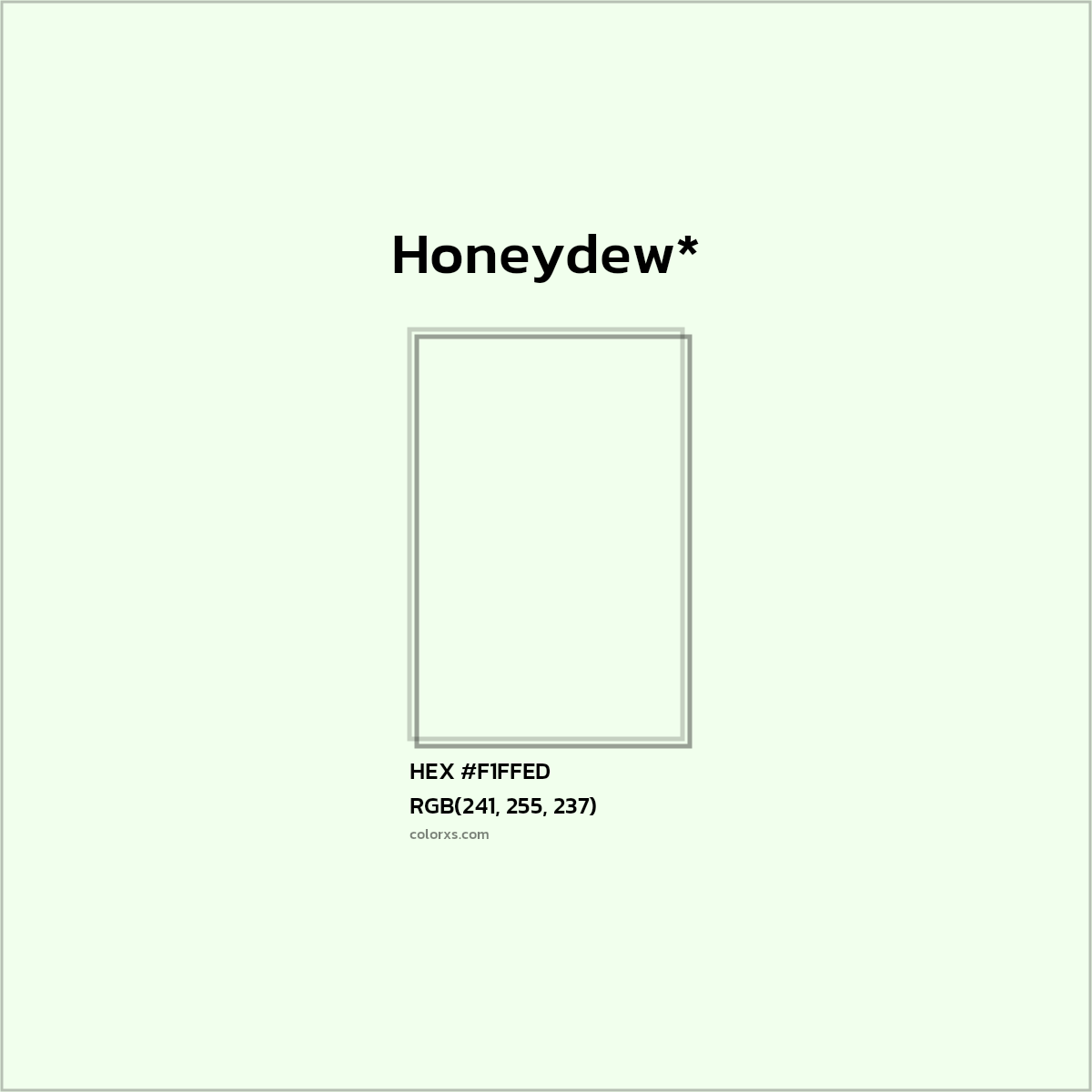 #F1FFED hex color. RGB, RYB, CMYK, HSL, HSV codes and color conversions. Matching color names, palettes, paints.