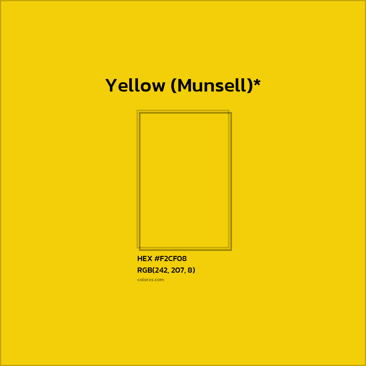#F2CF08 hex color. RGB, RYB, CMYK, HSL, HSV codes and color conversions. Matching color names, palettes, paints.
