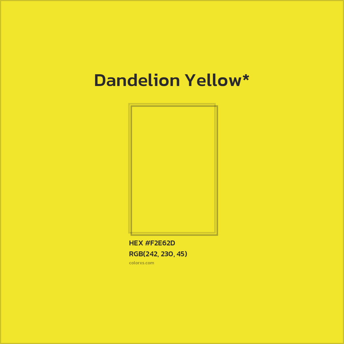 #F2E62D hex color. RGB, RYB, CMYK, HSL, HSV codes and color conversions. Matching color names, palettes, paints.
