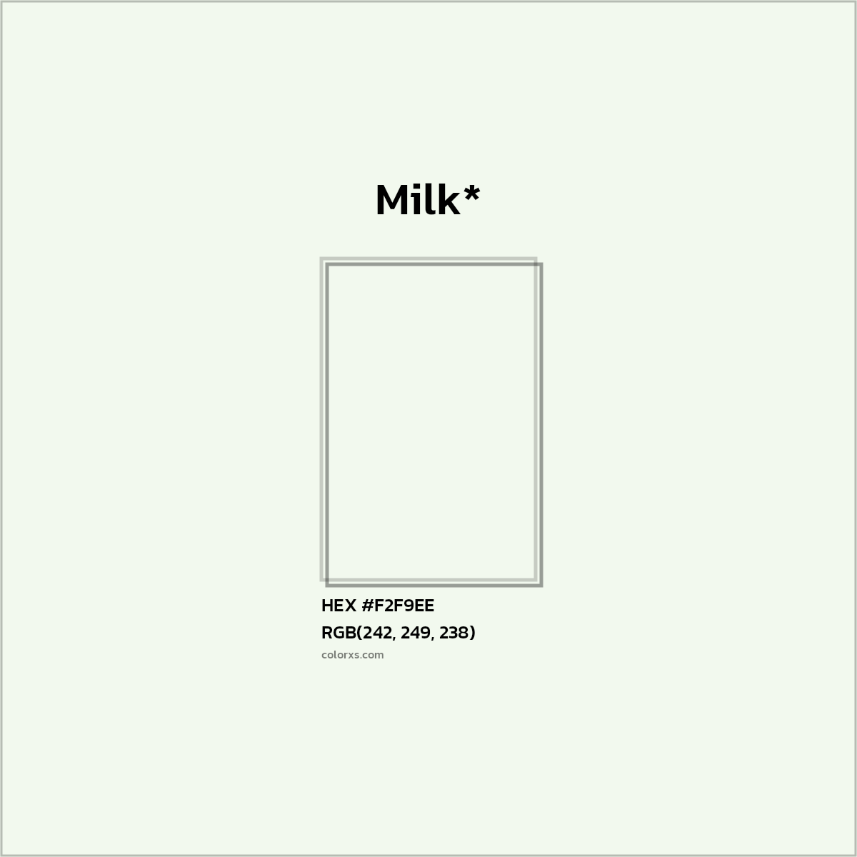 #F2F9EE hex color. RGB, RYB, CMYK, HSL, HSV codes and color conversions. Matching color names, palettes, paints.