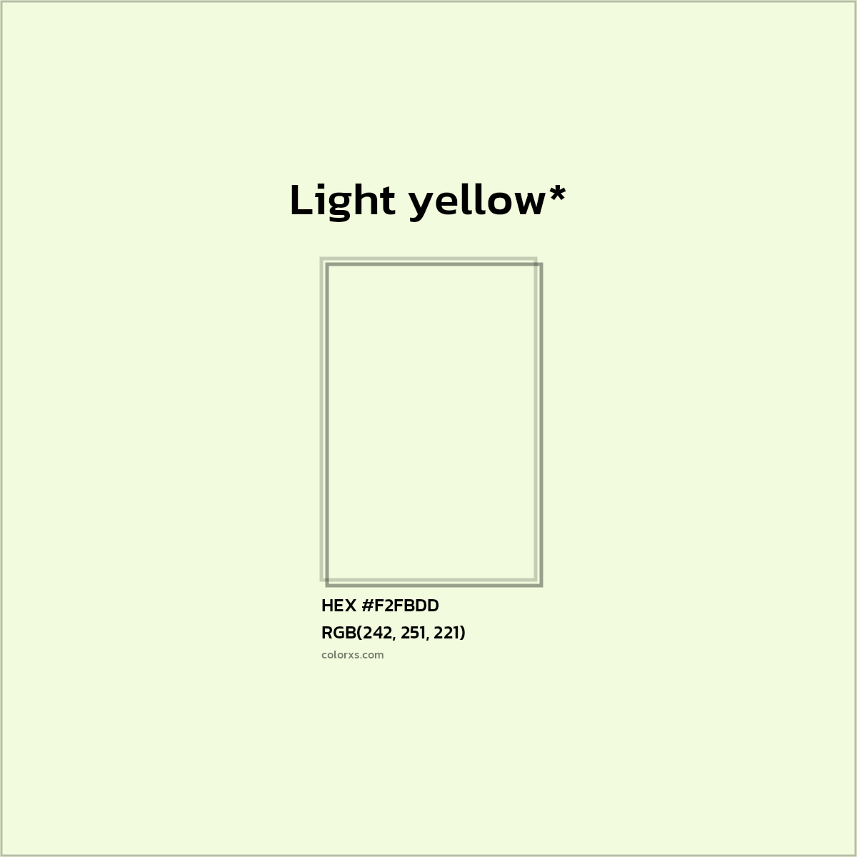 #F2FBDD hex color. RGB, RYB, CMYK, HSL, HSV codes and color conversions. Matching color names, palettes, paints.
