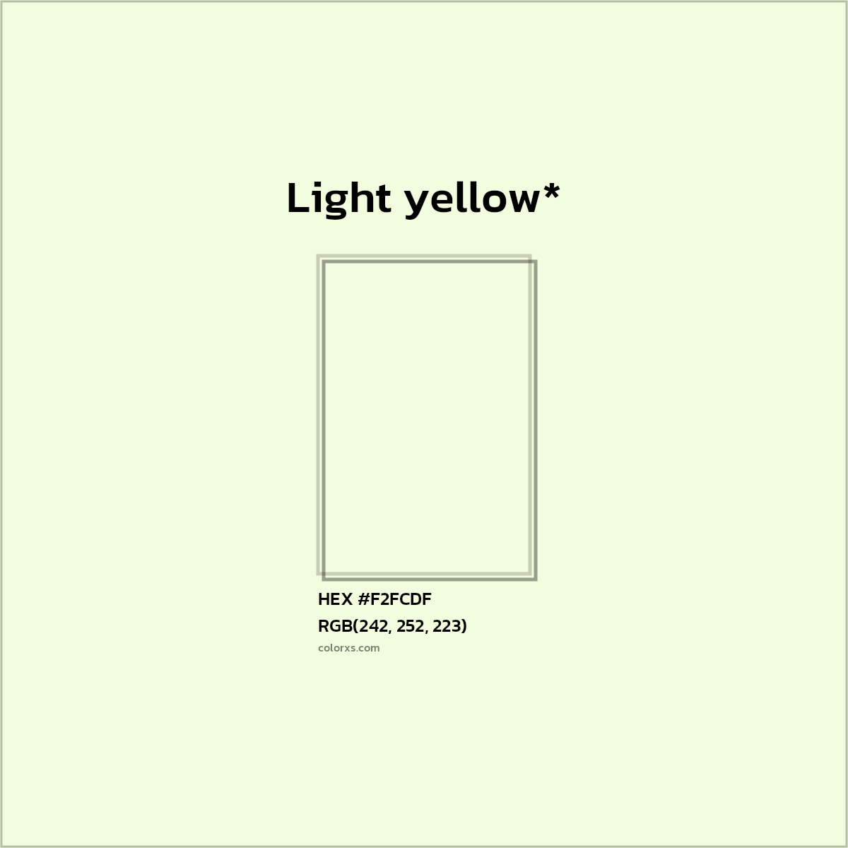 #F2FCDF hex color. RGB, RYB, CMYK, HSL, HSV codes and color conversions. Matching color names, palettes, paints.