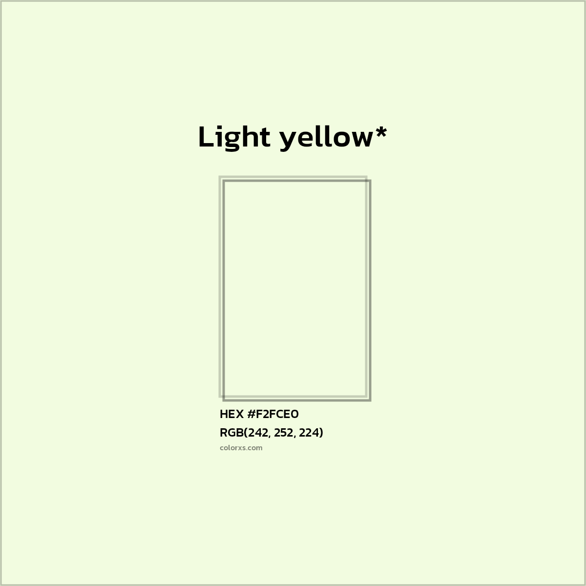 #F2FCE0 hex color. RGB, RYB, CMYK, HSL, HSV codes and color conversions. Matching color names, palettes, paints.