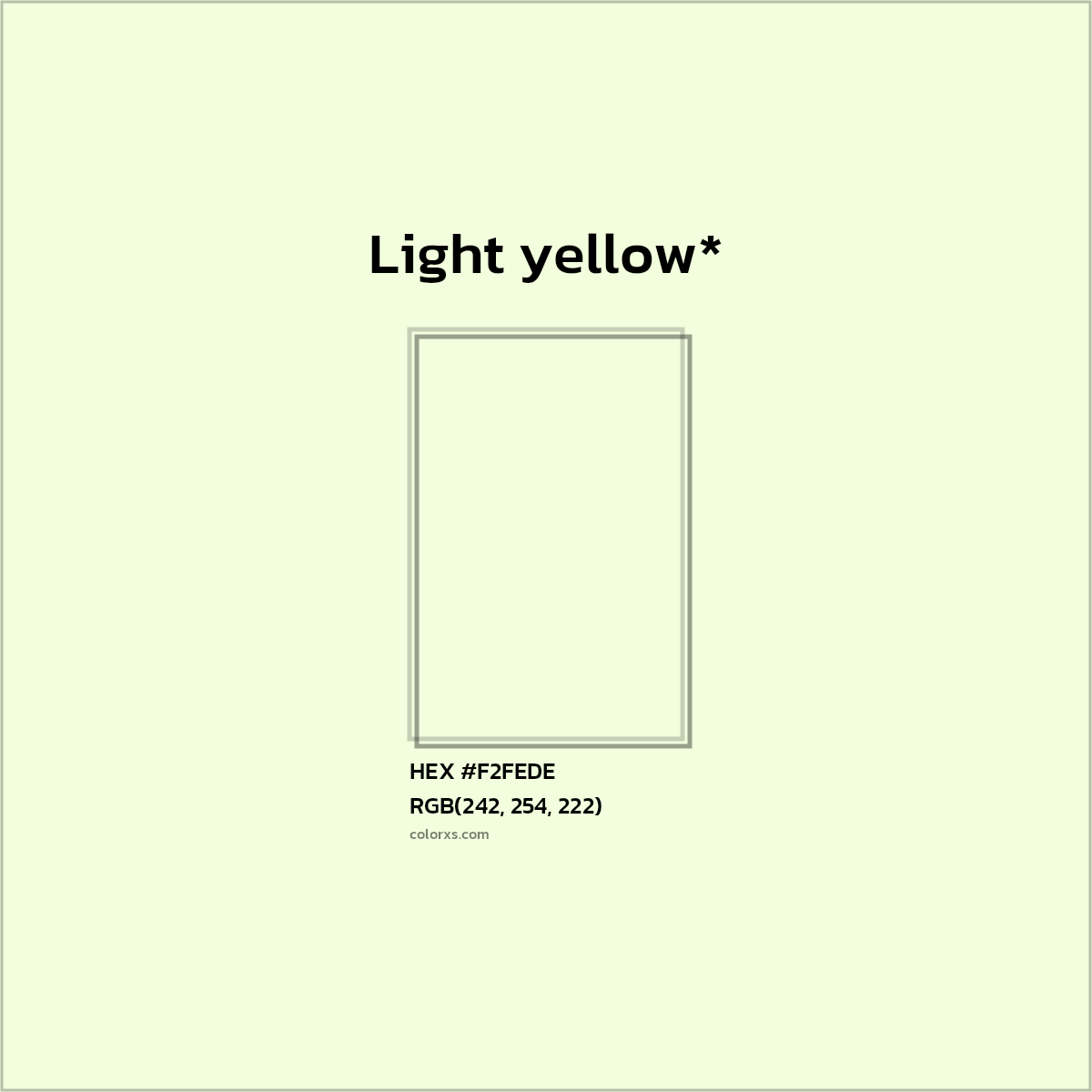 #F2FEDE hex color. RGB, RYB, CMYK, HSL, HSV codes and color conversions. Matching color names, palettes, paints.