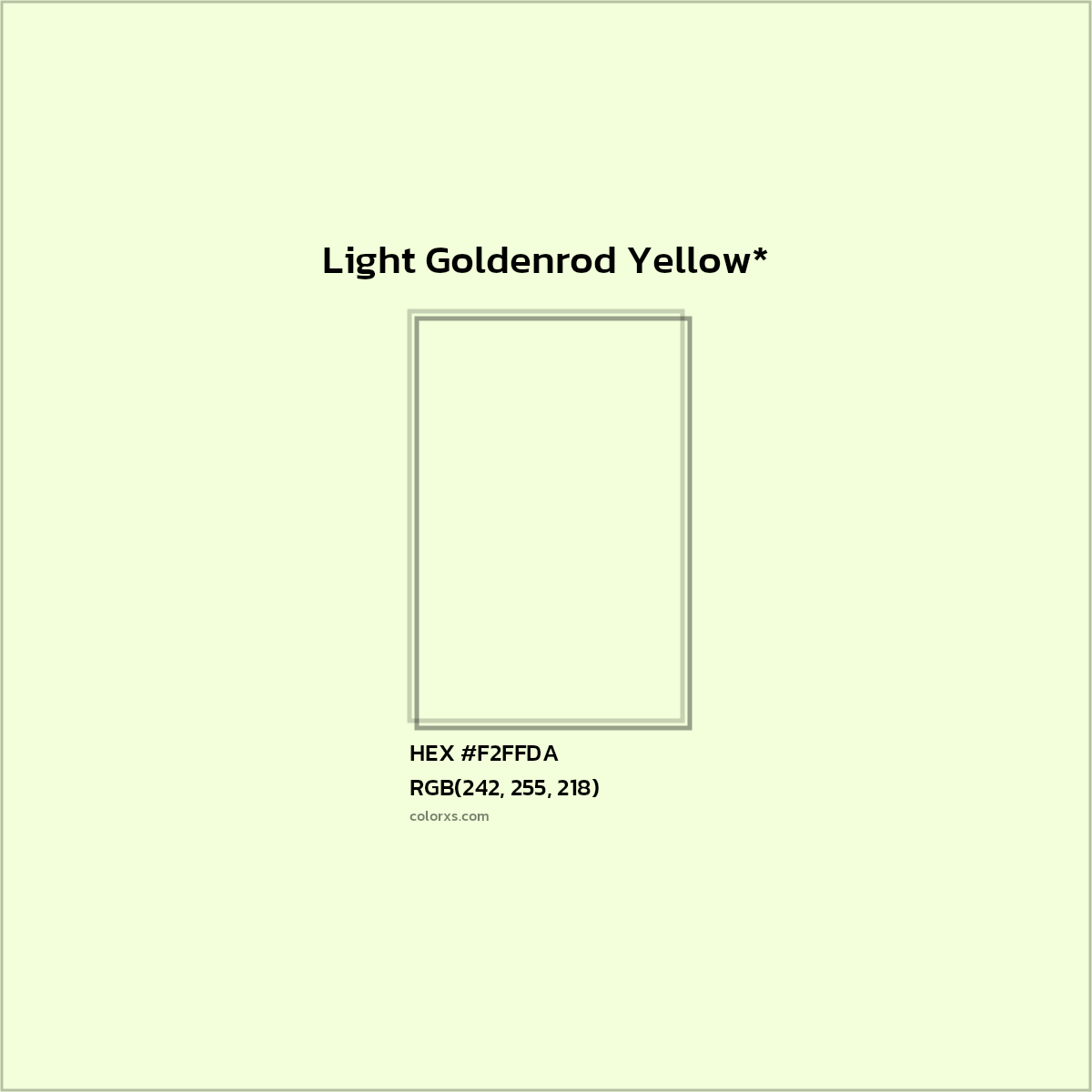 #F2FFDA hex color. RGB, RYB, CMYK, HSL, HSV codes and color conversions. Matching color names, palettes, paints.