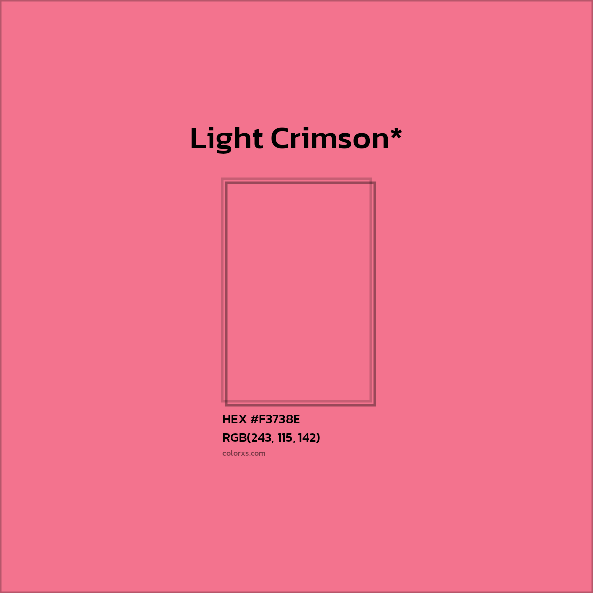 #F3738E hex color. RGB, RYB, CMYK, HSL, HSV codes and color conversions. Matching color names, palettes, paints.