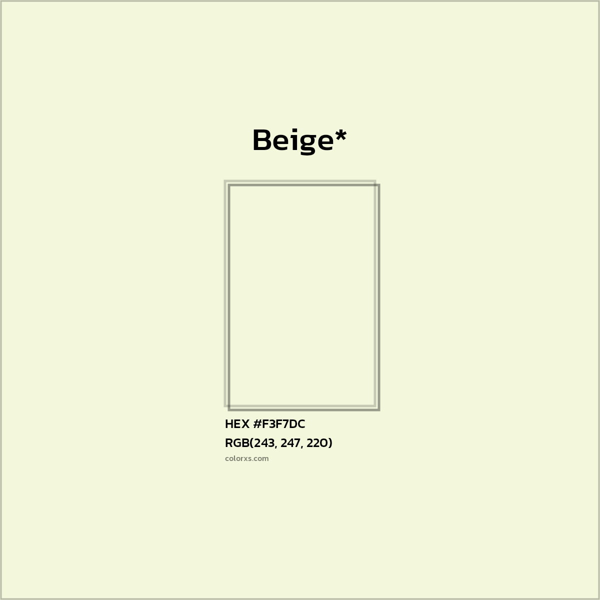 #F3F7DC hex color. RGB, RYB, CMYK, HSL, HSV codes and color conversions. Matching color names, palettes, paints.