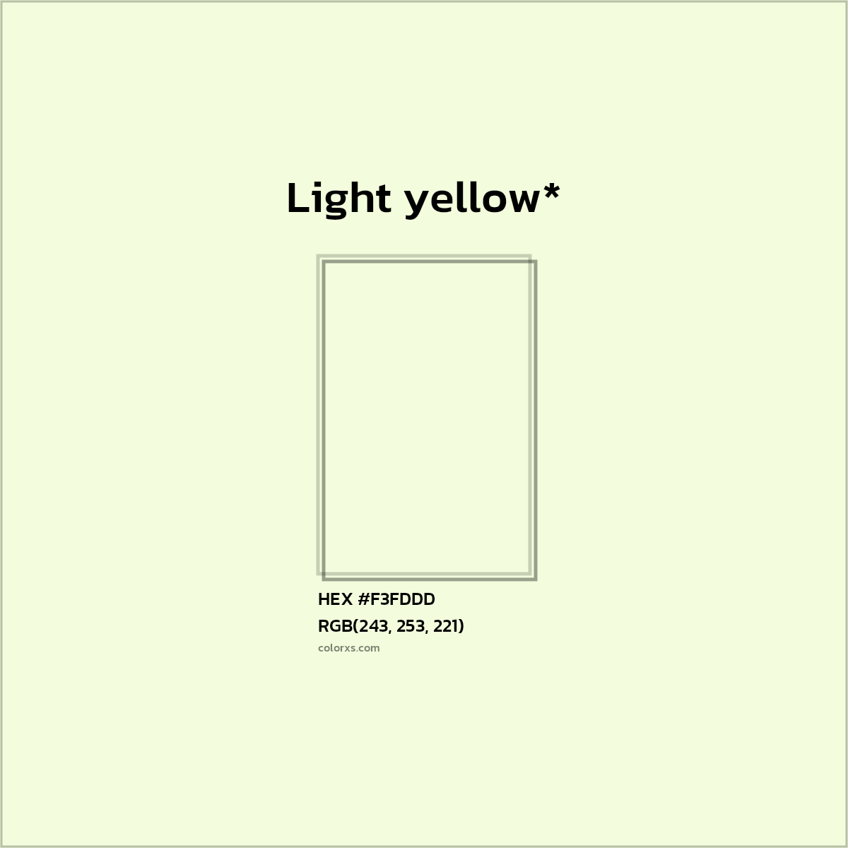 #F3FDDD hex color. RGB, RYB, CMYK, HSL, HSV codes and color conversions. Matching color names, palettes, paints.