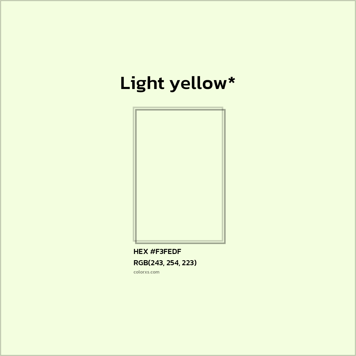 #F3FEDF hex color. RGB, RYB, CMYK, HSL, HSV codes and color conversions. Matching color names, palettes, paints.