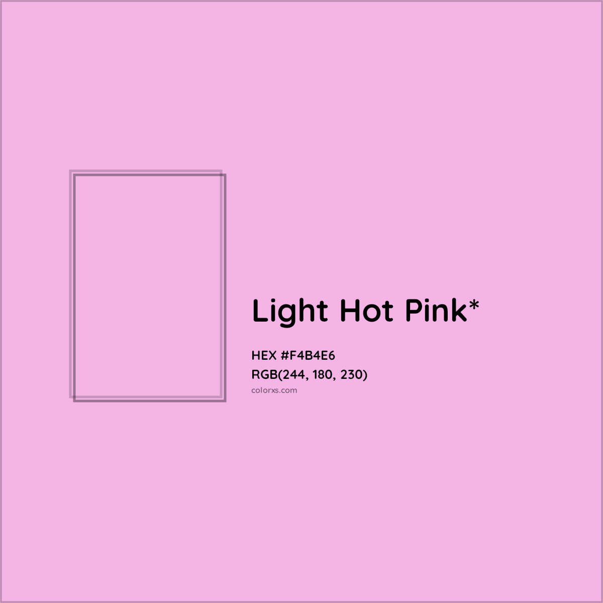 #F4B4E6 hex color. RGB, RYB, CMYK, HSL, HSV codes and color conversions. Matching color names, palettes, paints.