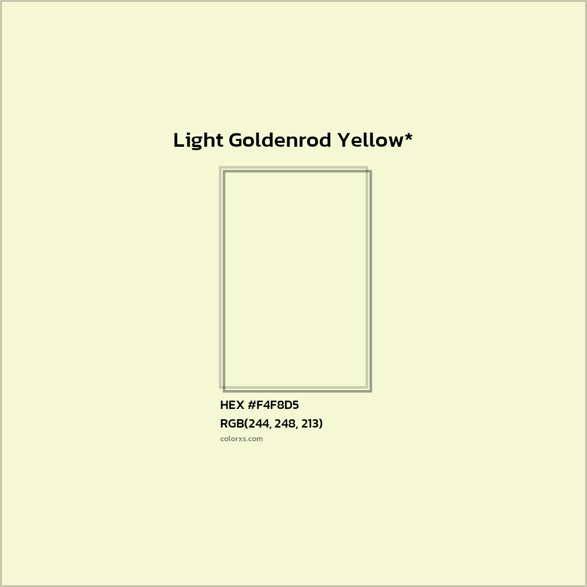#F4F8D5 hex color. RGB, RYB, CMYK, HSL, HSV codes and color conversions. Matching color names, palettes, paints.