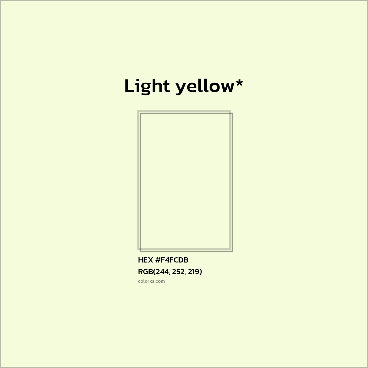 #F4FCDB hex color. RGB, RYB, CMYK, HSL, HSV codes and color conversions. Matching color names, palettes, paints.