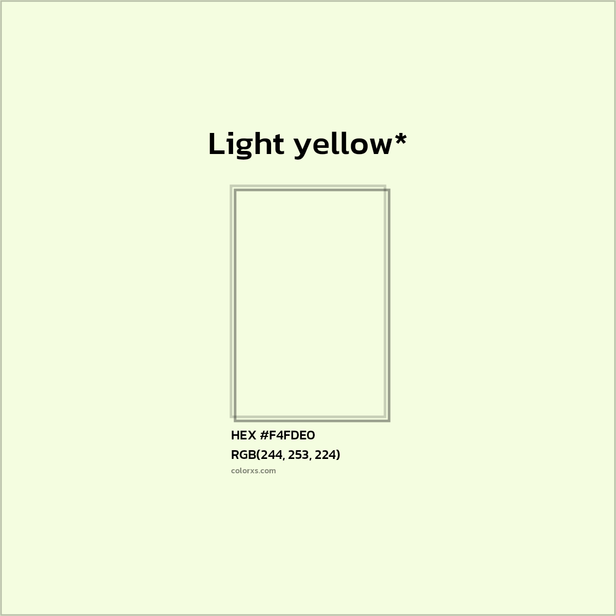 #F4FDE0 hex color. RGB, RYB, CMYK, HSL, HSV codes and color conversions. Matching color names, palettes, paints.