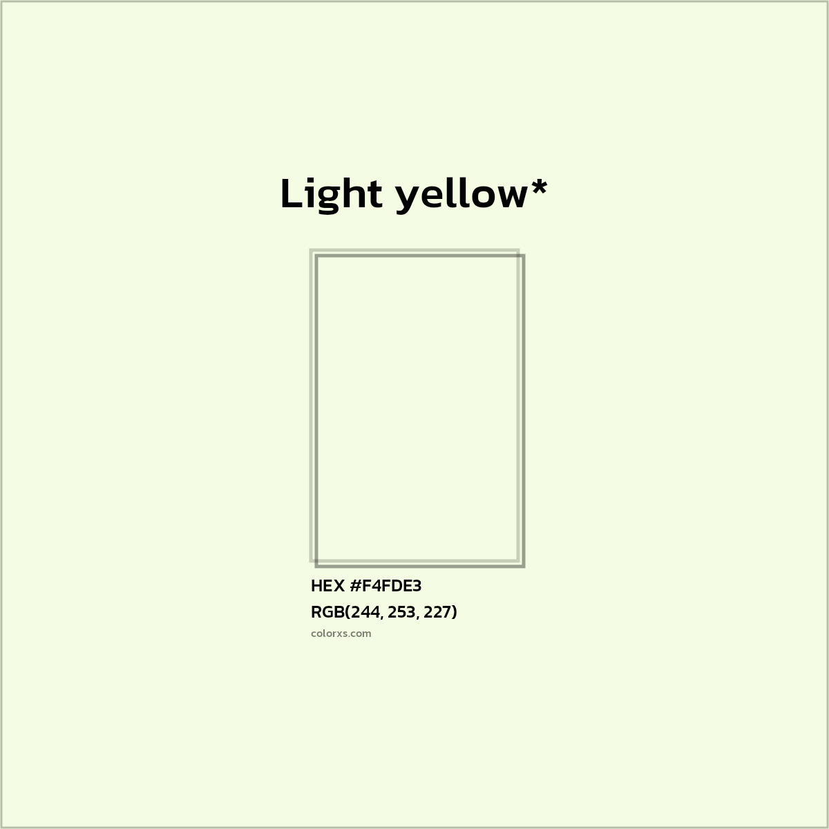 #F4FDE3 hex color. RGB, RYB, CMYK, HSL, HSV codes and color conversions. Matching color names, palettes, paints.